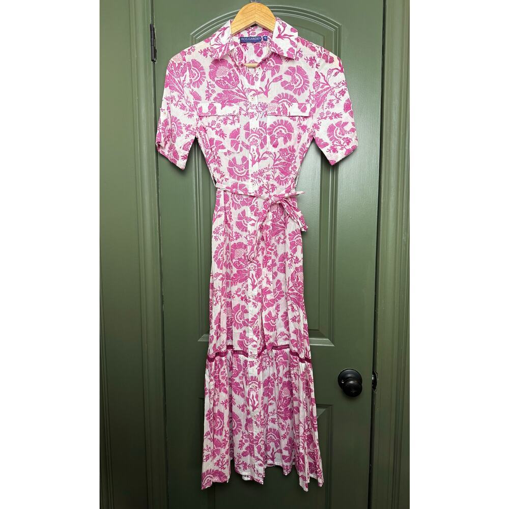 NWT Ro's Garden Carmel Maxi Collared Floral Resort Shirt Dress Pink St Remy XS